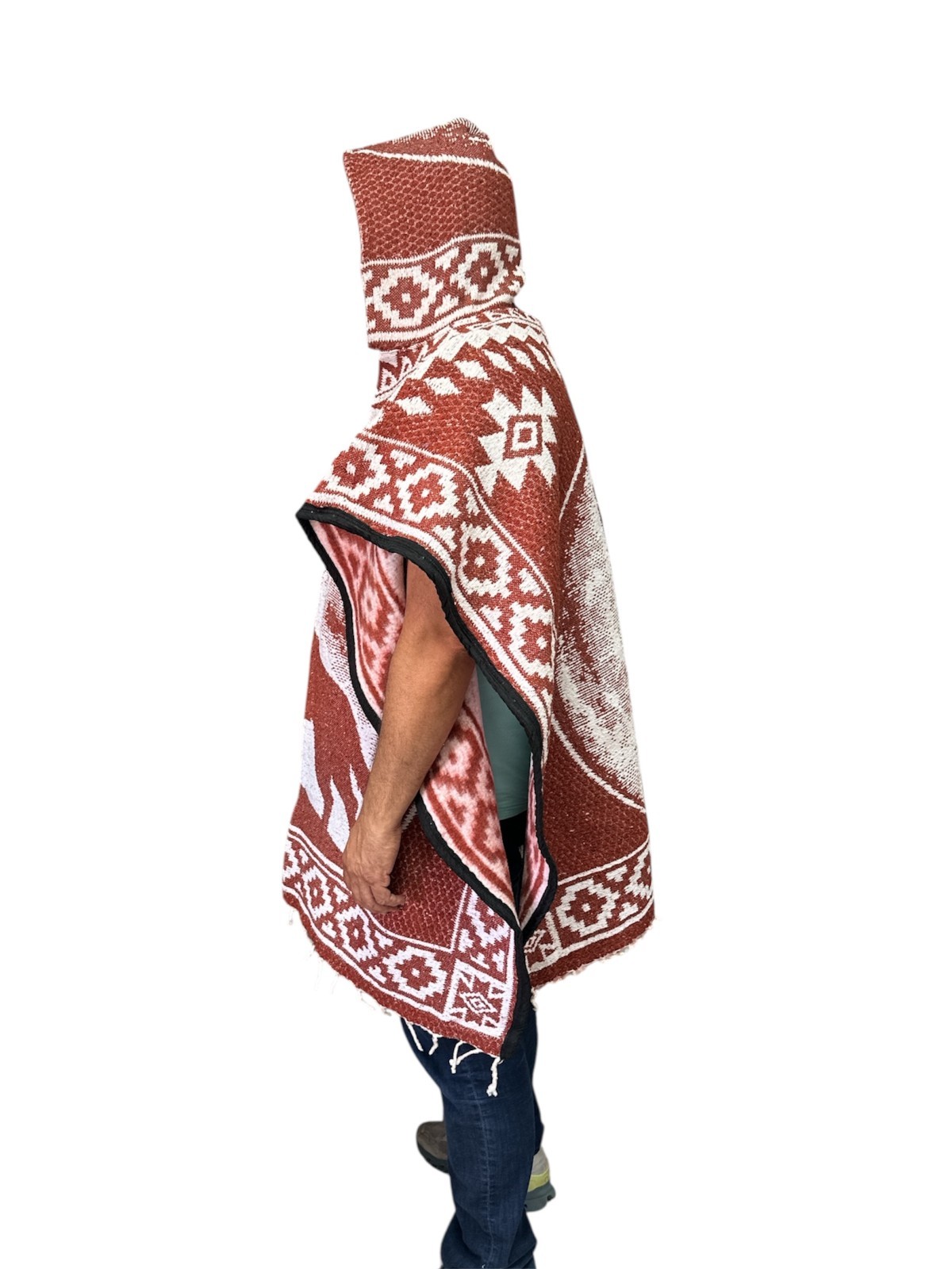 2XL MEXICAN PONCHO WITH HOOD , HOWLING WOLF BLANKET , ONE SIZE , TERRACOTA