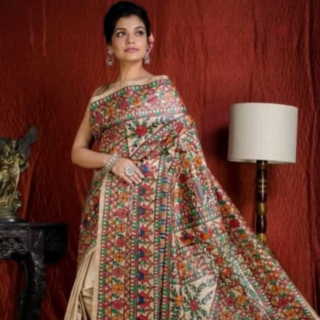 Madhubani Pure Tussar Ghicha Hand Painted Saree