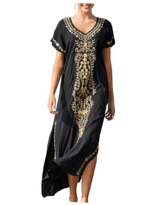Women Kaftan V Neck Casual Bathing Suit Kimono Sleeve Side One Size Black 03