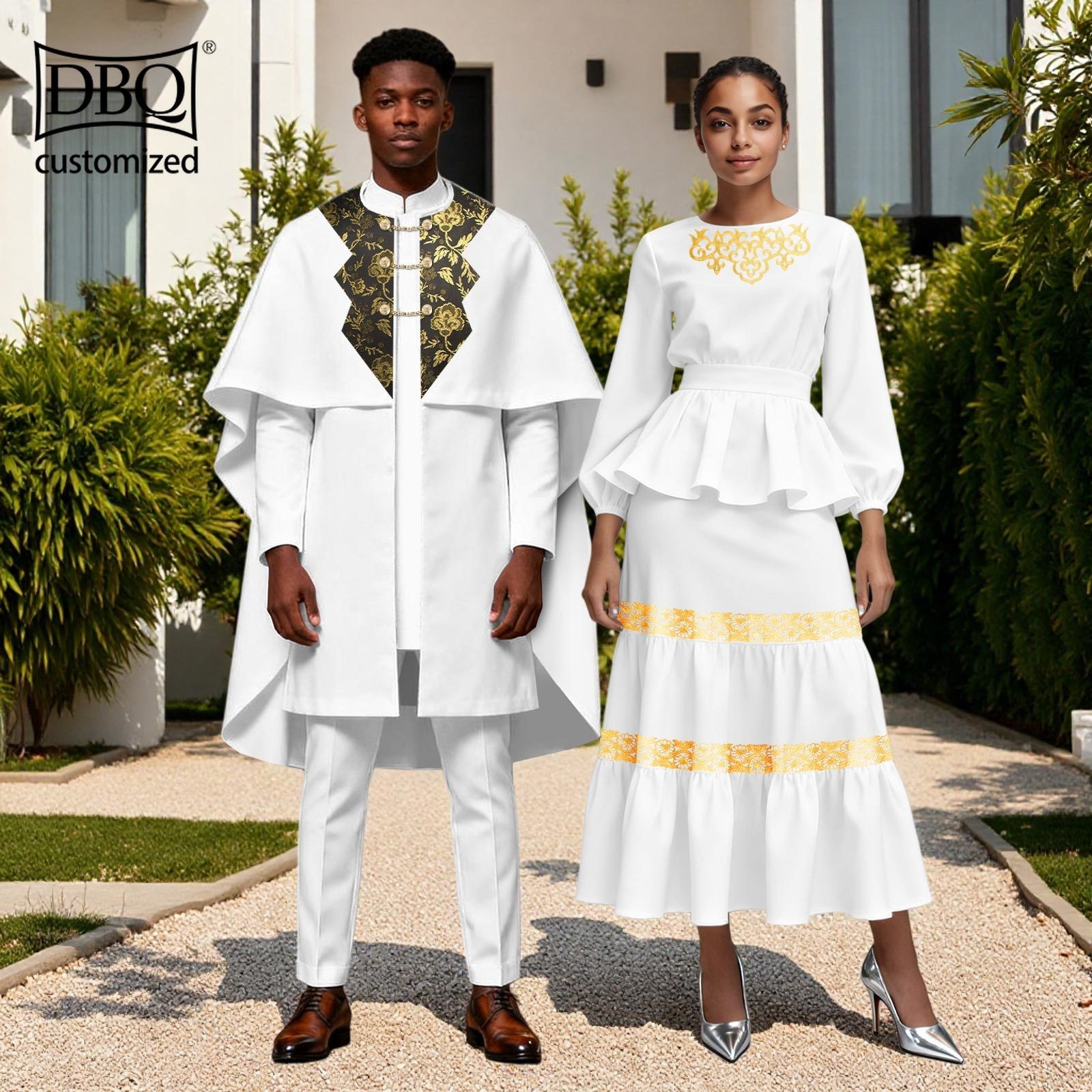 African Couple Clothes Men’s Agbada+Shirt +Slim Pants Set Women Flare Maxi Dress