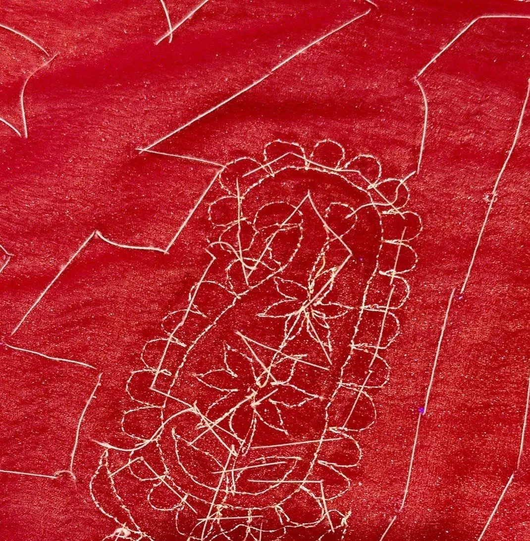 SARI CHIFFON Burgundy Embroidered Border/ Black Sequined Interior 44×200+” EUC