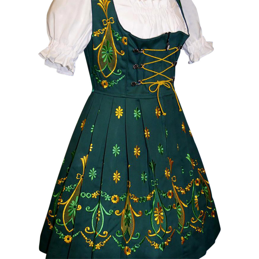 XL 20 German Dirndl Short Green Dress Oktoberfest Waitress Party EMBROIDERED