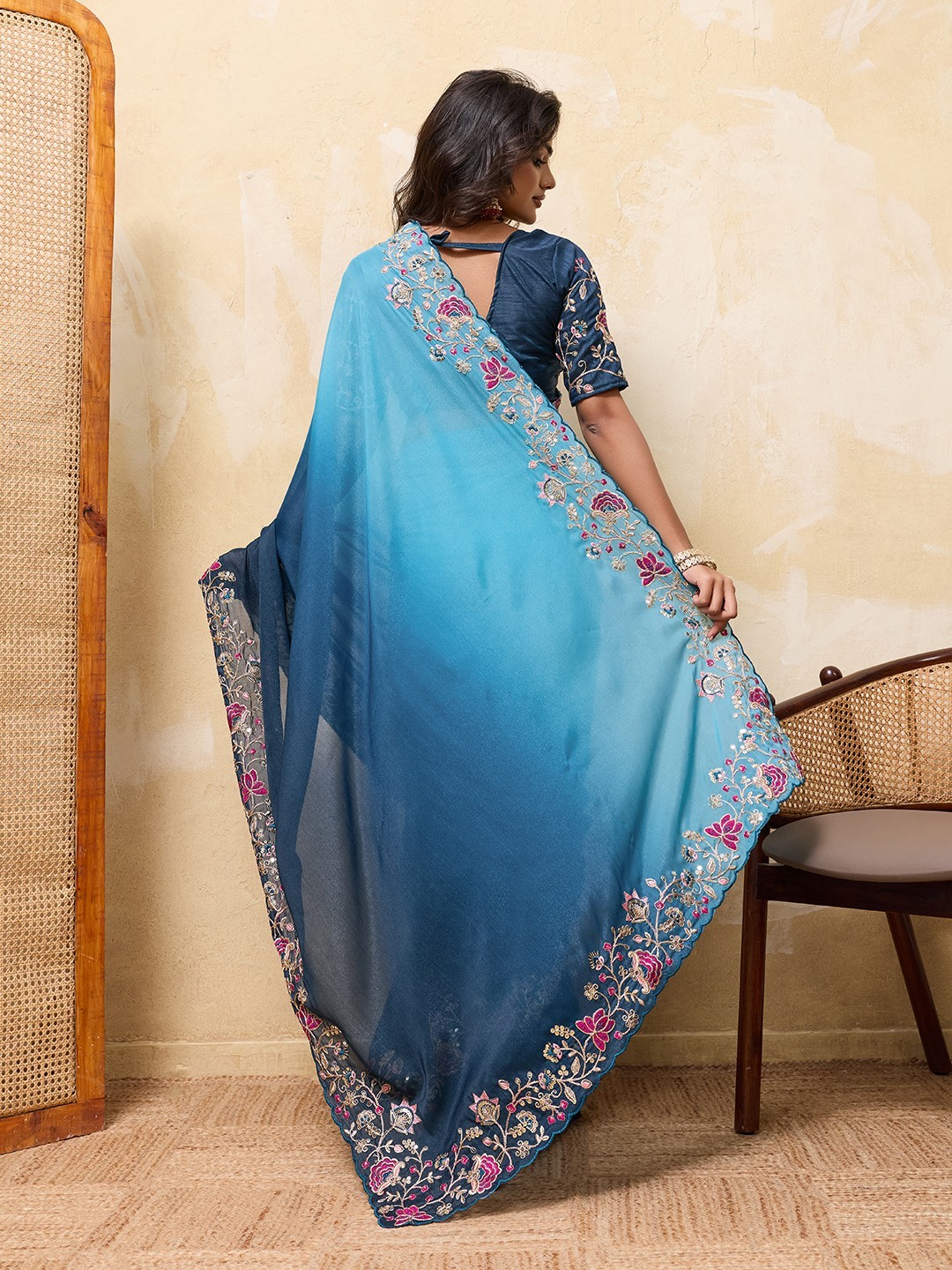 Indian Ethnic Georgette Saree Embroidered Cutwork Border Party Wear Indian Sari