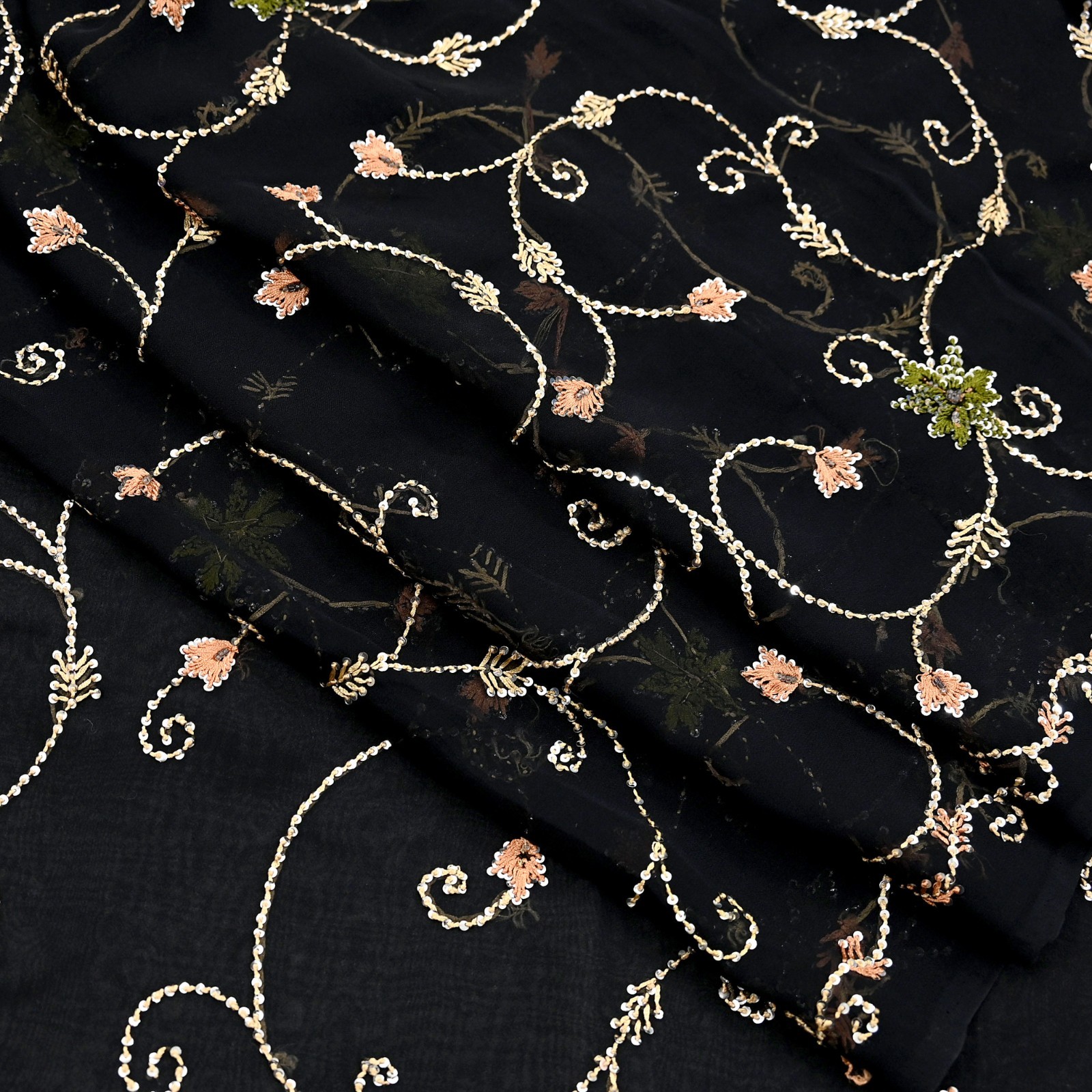 Indian Vintage Heavy Sari Black Pure Georgette Silk Hand Beaded Sarees Ethnic
