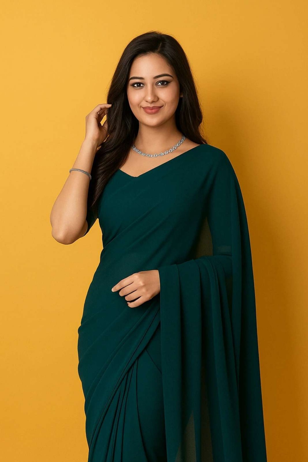 Dyed Bollywood Chiffon, Georgette Saree (Dark Green)
