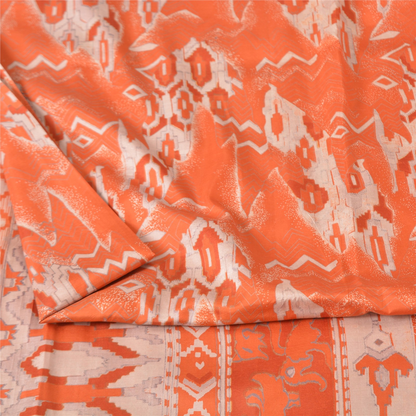 Sanskriti Vintage Sarees Orange Animal & Abstract Printed Pure Silk Sari Fabric
