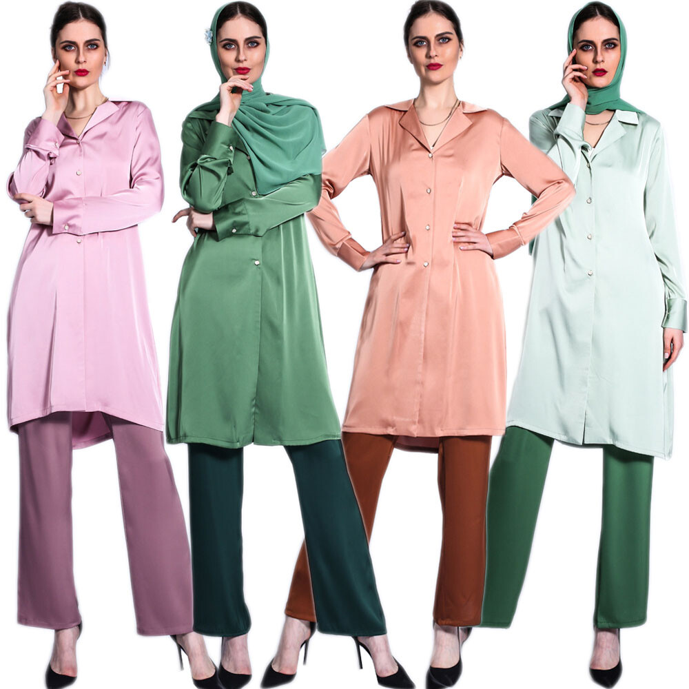 Dubai Muslim Women Long Sleeve Blouse Pants Outfits Two Piece Set Abaya Kaftan