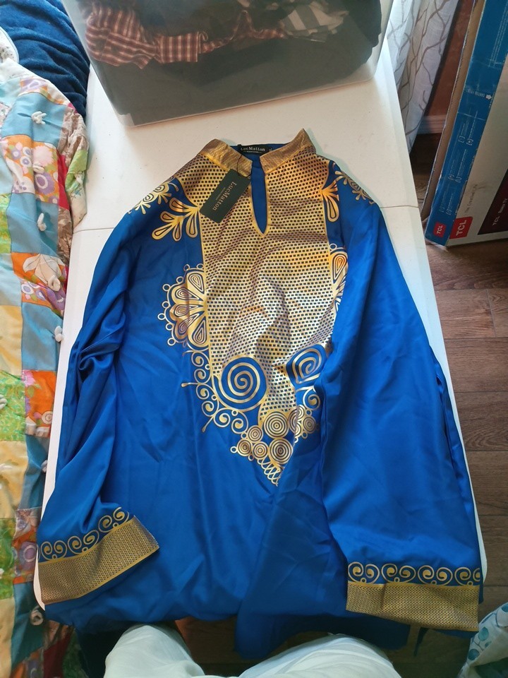 LucMatton Men’s X-Large Long Sleeve Royal Blue and Gold Print Traditional Tunic