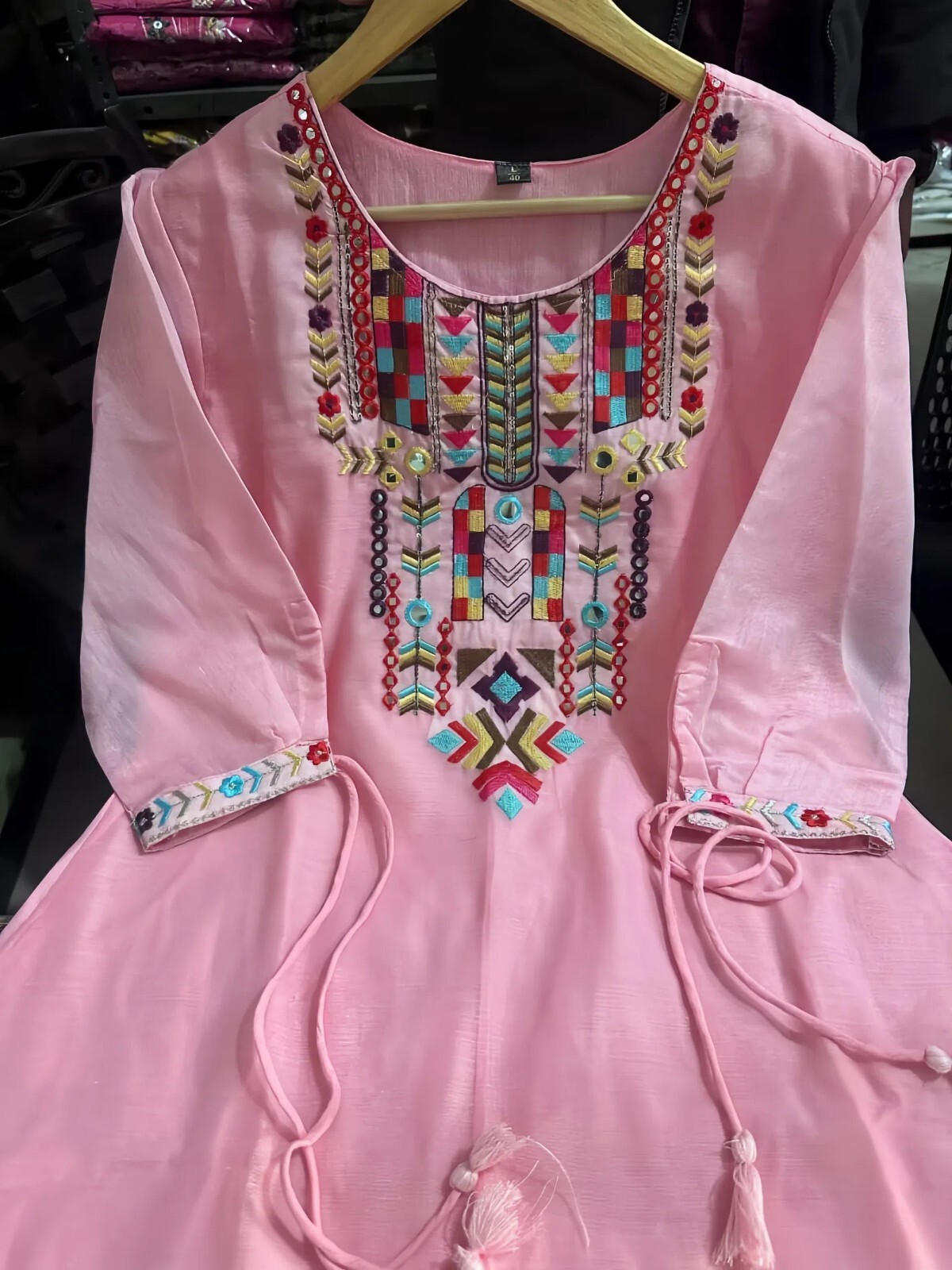 Chanderi Suit Set with Palazzo, Traditional Ethnic Wear With Tassel Details