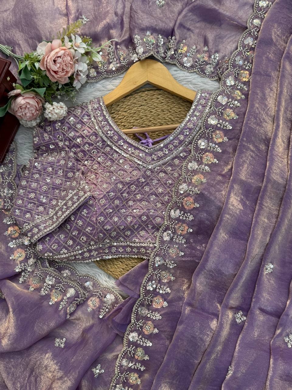 Indian Style Silk Lavender Saree With Blouse For Reception Wear
