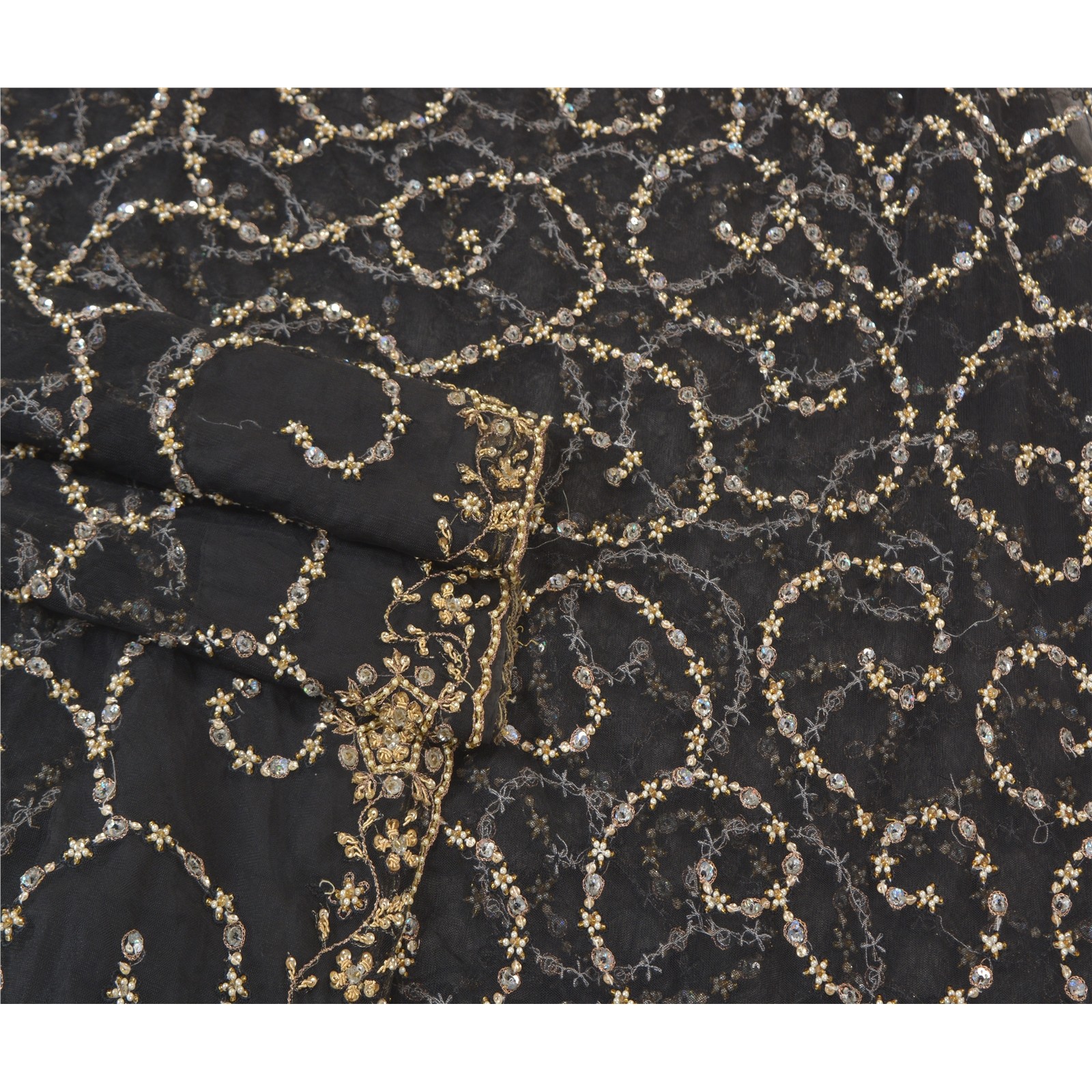 Sanskriti Vintage Black Sarees Net Mesh Hand Beaded Zardozi Party Sari Fabric