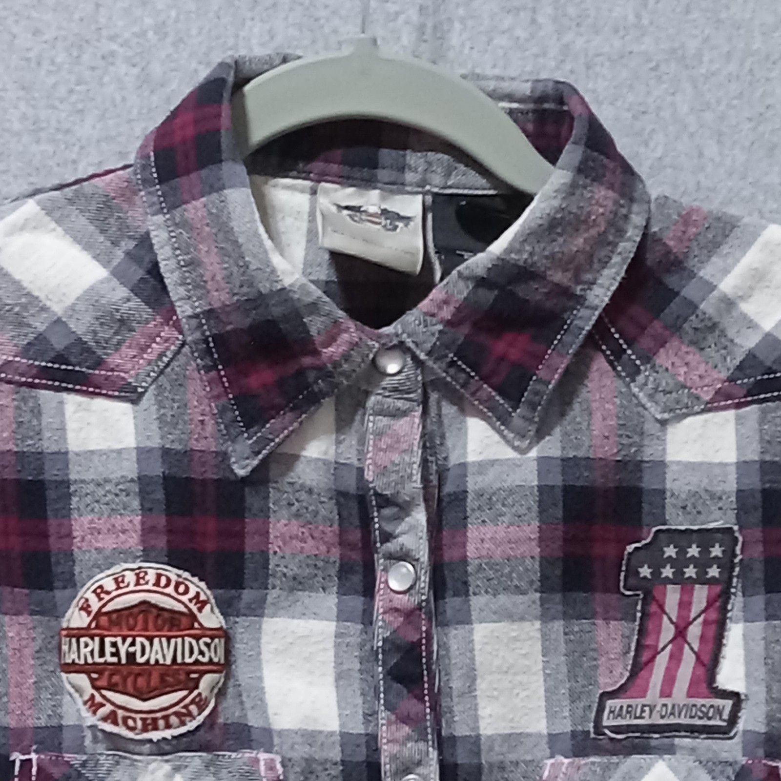 Harley-Davidson Shirt Youth Medium Gray Plaid Flannel Snap Roll Tab Patch Top