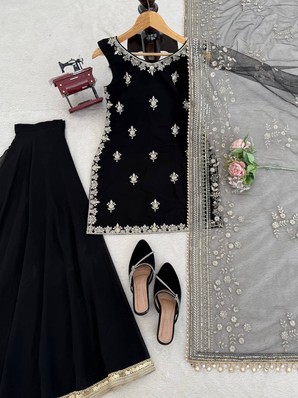 Beautiful Black Faux Georgette Palazzo Suit With Dupatta For Wedding Wear