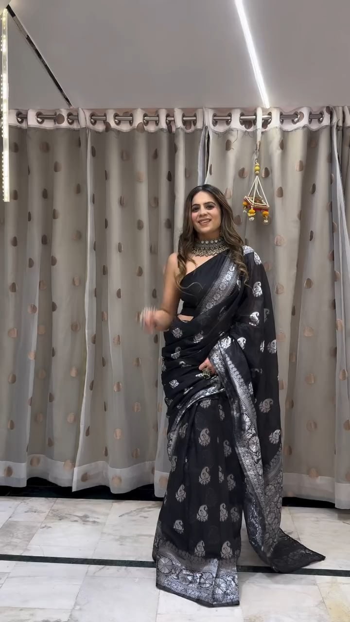 Elegant Black Silk Saree Indian Sari Women Party Wedding Traditional Outfit