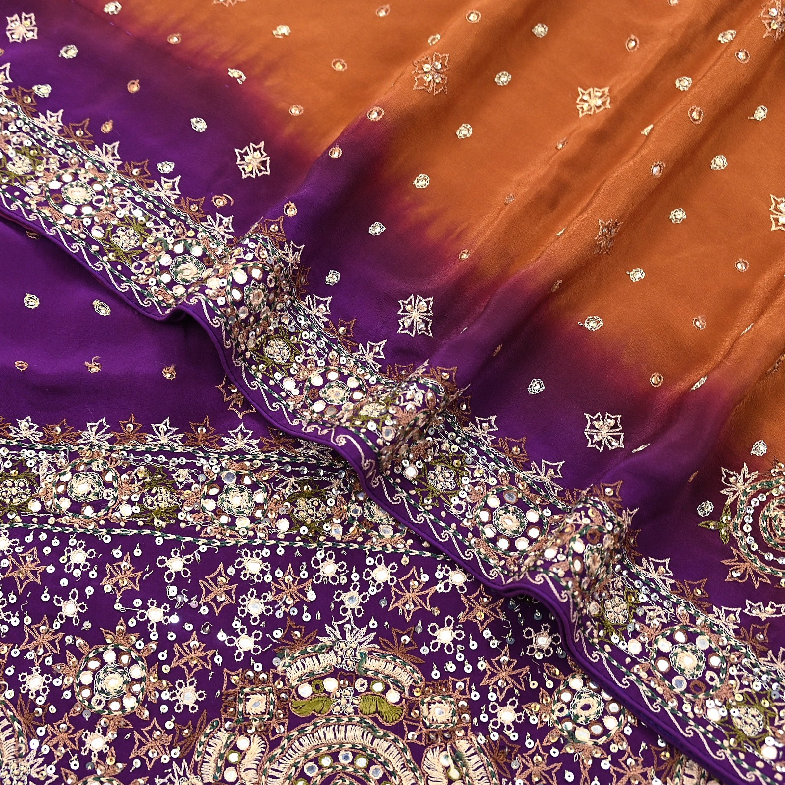 Indian Vintage Sari Purple & Mustard Pure Crepe Silk Hand Embroidered Sarees 6yd