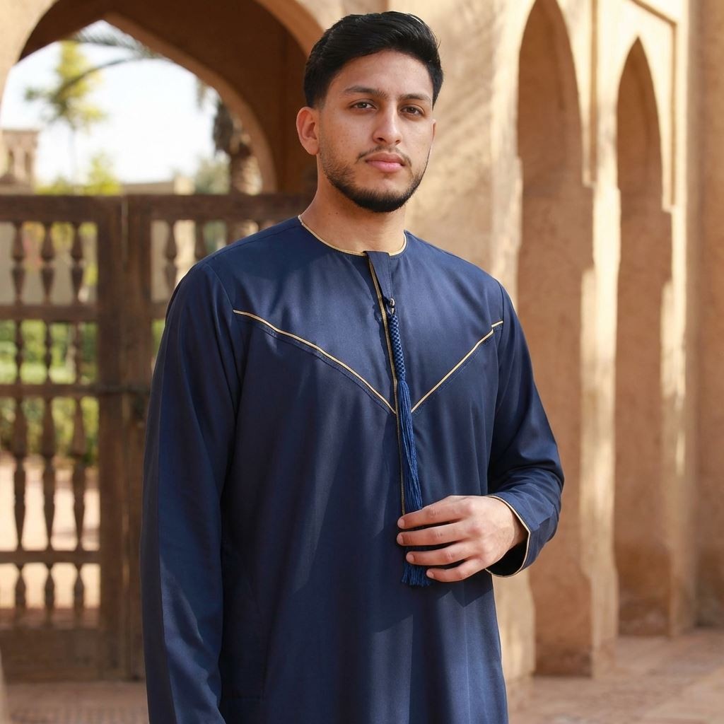 Men’s Navy Thobe Emirati Omani Jubba Islamic Clothing Muslim Eid Arab Embroidery