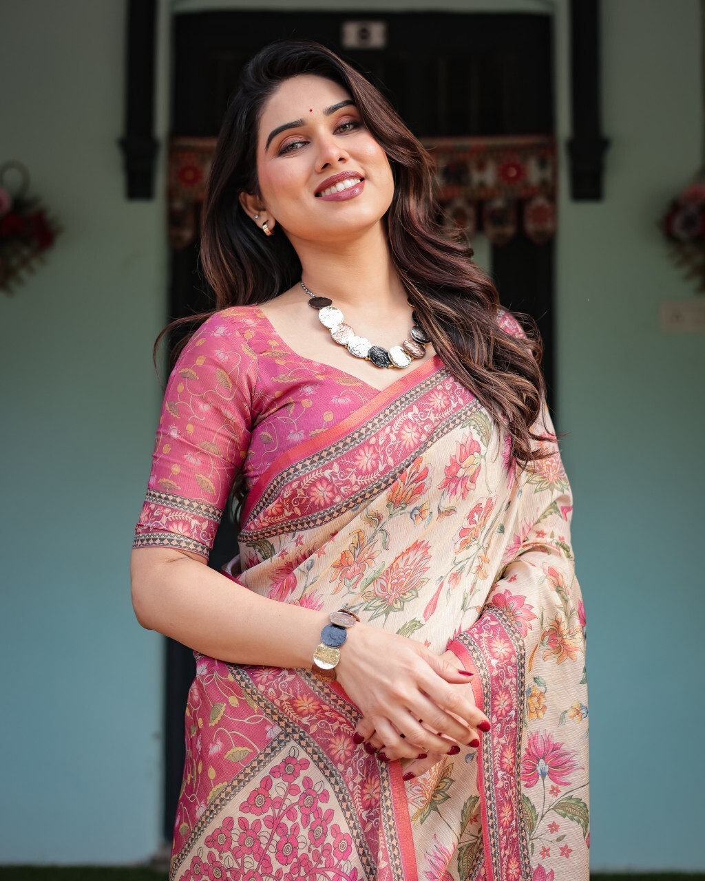Floral Print Handloom Cotton Linen Saree (Multicolor)