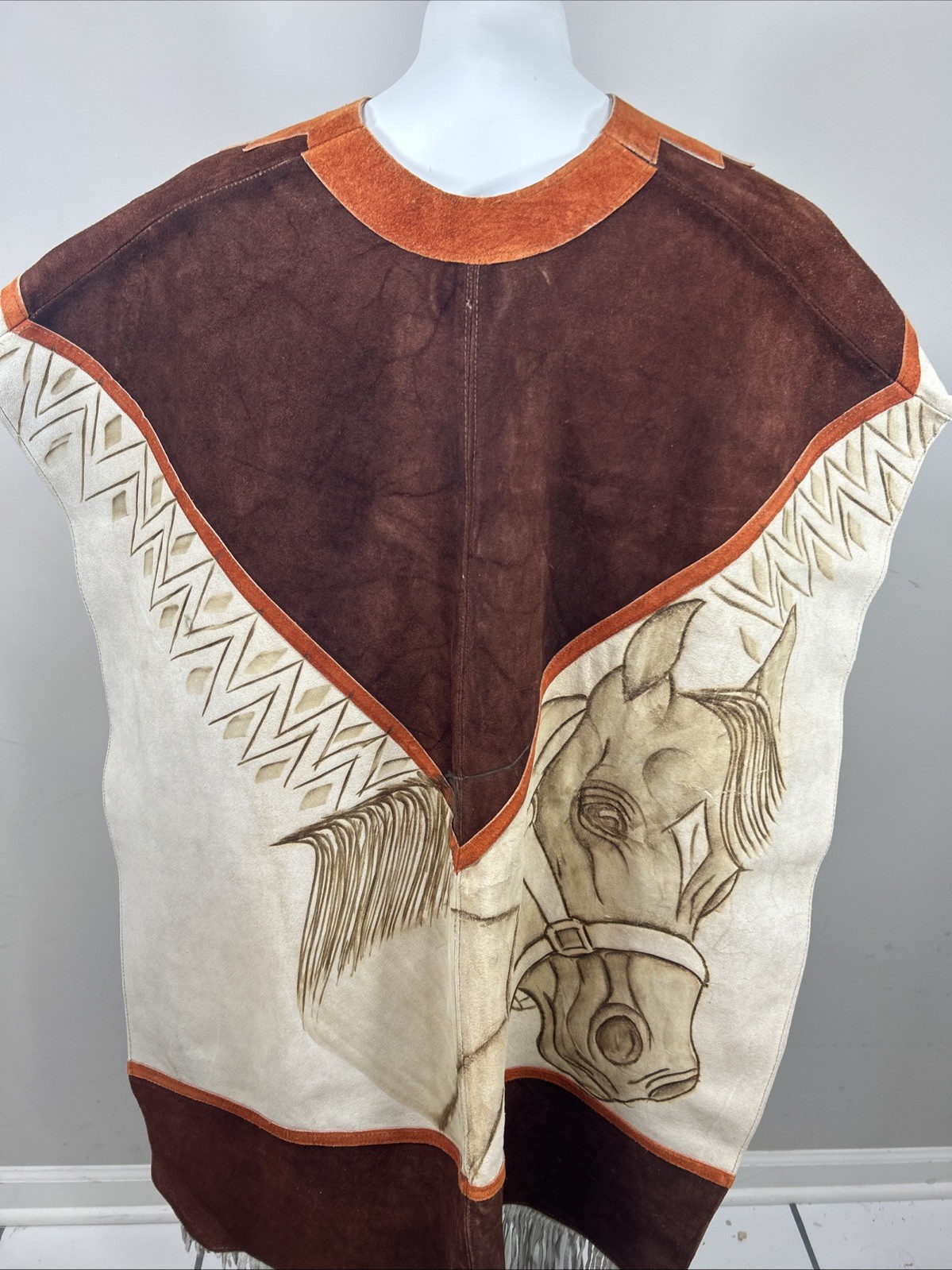 Authentic Leather Wool Handmade Fringe Satin Poncho Wildlife Animal Mexico Made