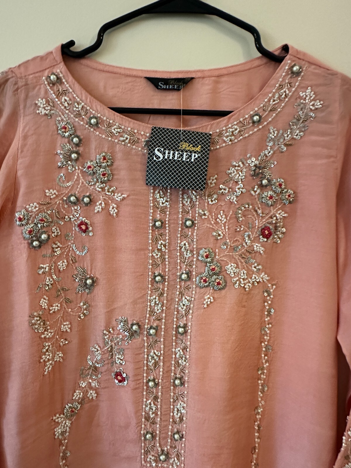 Sheep Peach Raw Silk Embroidered Shalwar Kameez – Size 14