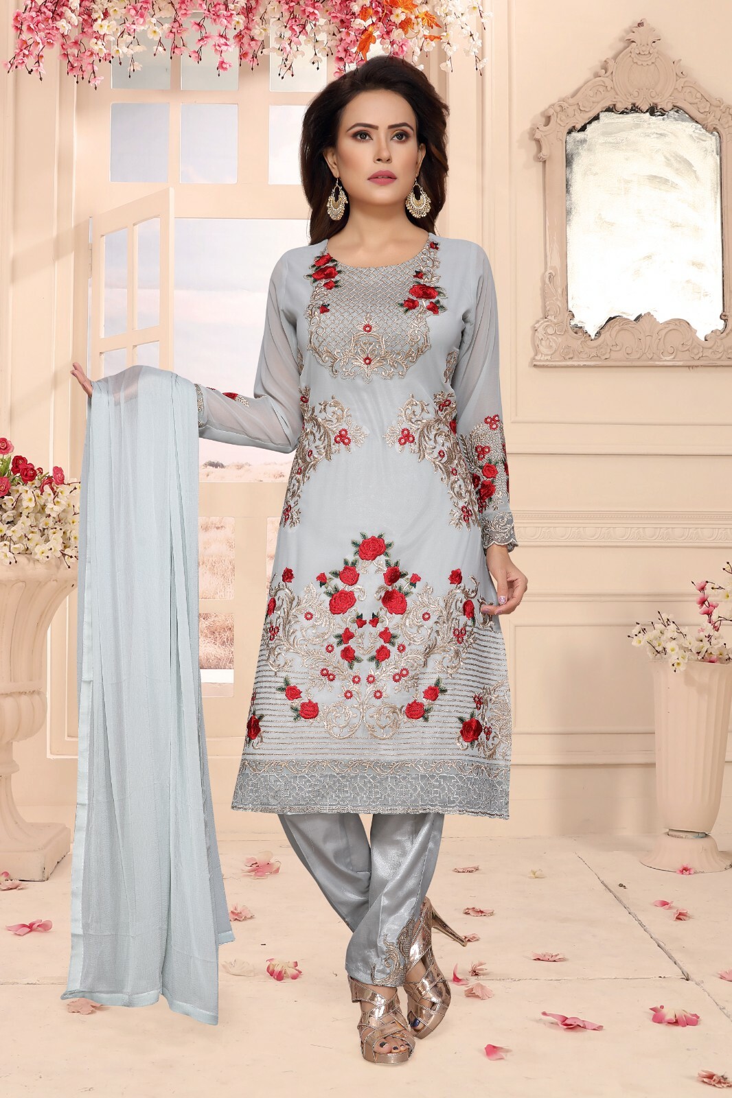 Bollywoood Designer Wedding Metallic Grey w/Red & Gold Work Kurti Palazzo Set