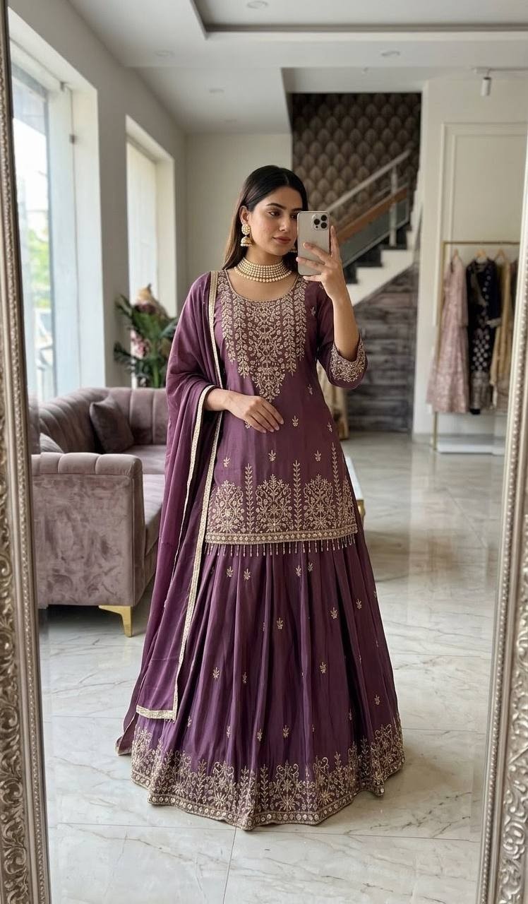 New Launching Chinon Silk Purple Top Lehenga With Dupatta For Wedding Wear
