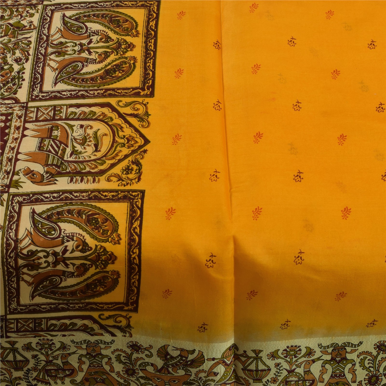 Sanskriti Vintage Sarees Yellow Pure Silk Human Animal Printed Sari 5+Yd Fabric