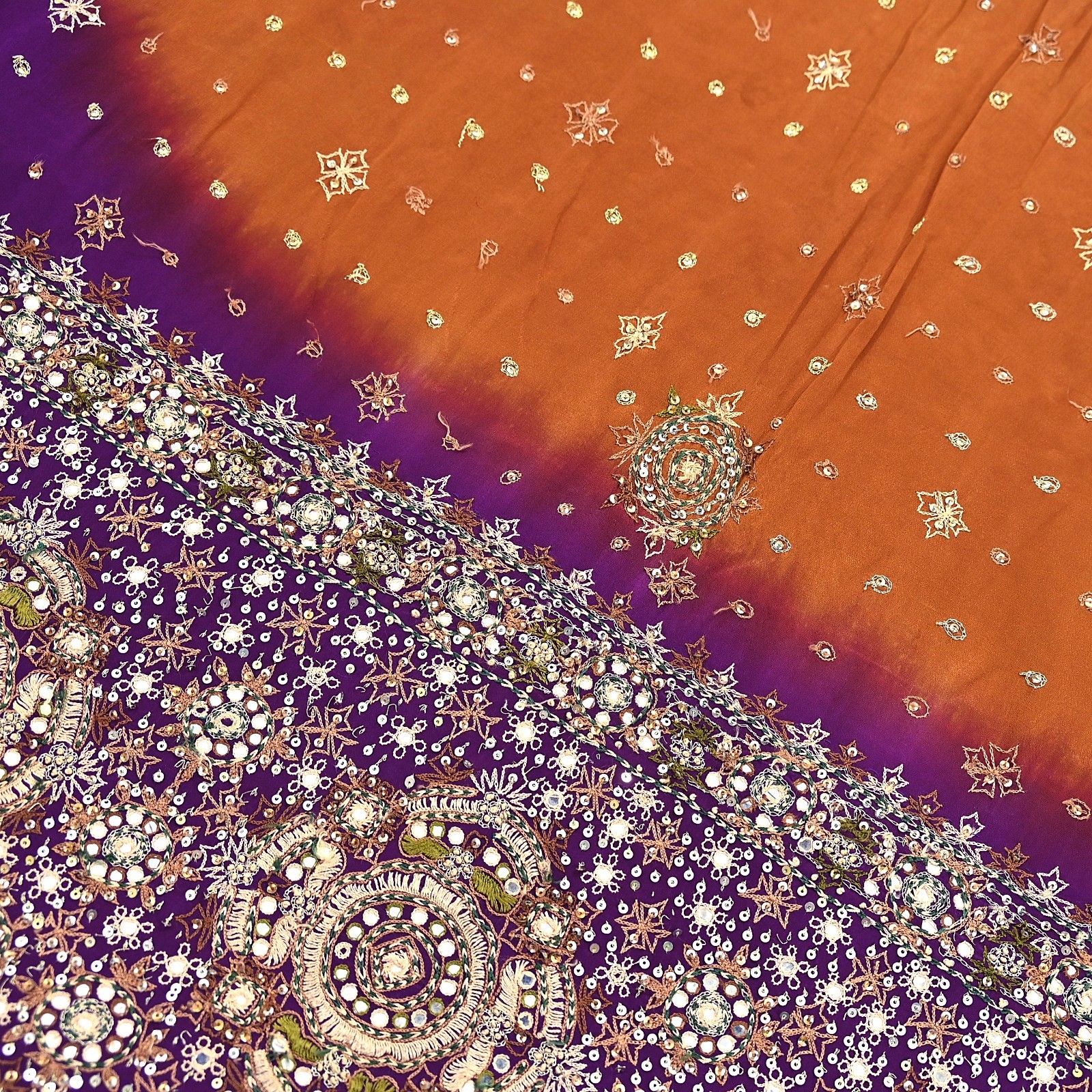 Indian Vintage Sari Purple & Mustard Pure Crepe Silk Hand Embroidered Sarees 6yd