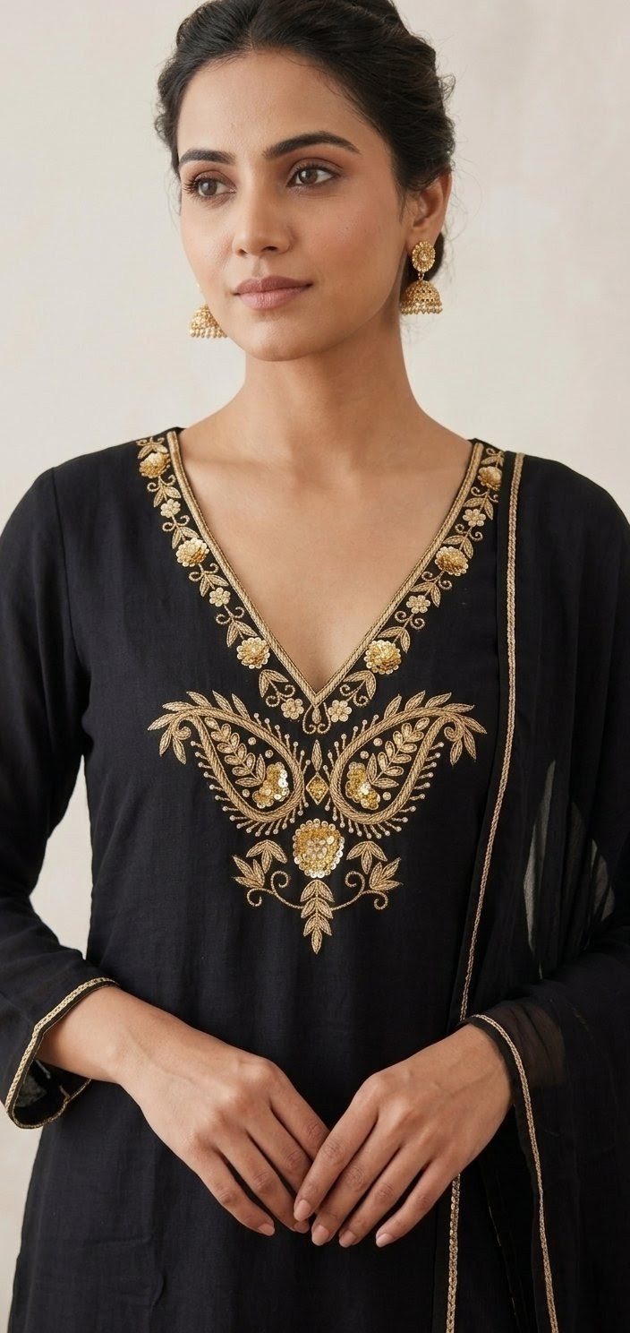 Elegant Black Crepe Salwar Suit Gold Embroidery Chiffon Dupatta Custom Size