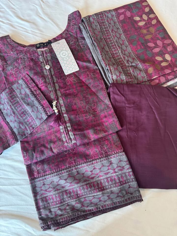 New HZ 3pcs soft khaddar winter wear lace work dress L46