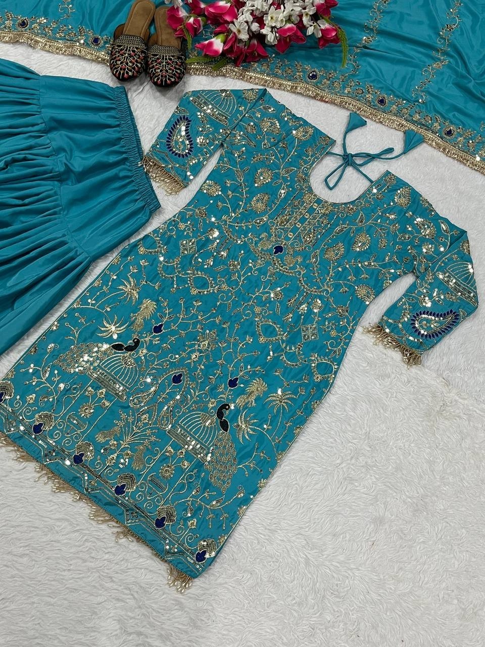 New Launching Sky Blue Natural Crepe Top Dhoti With Dupatta For Women