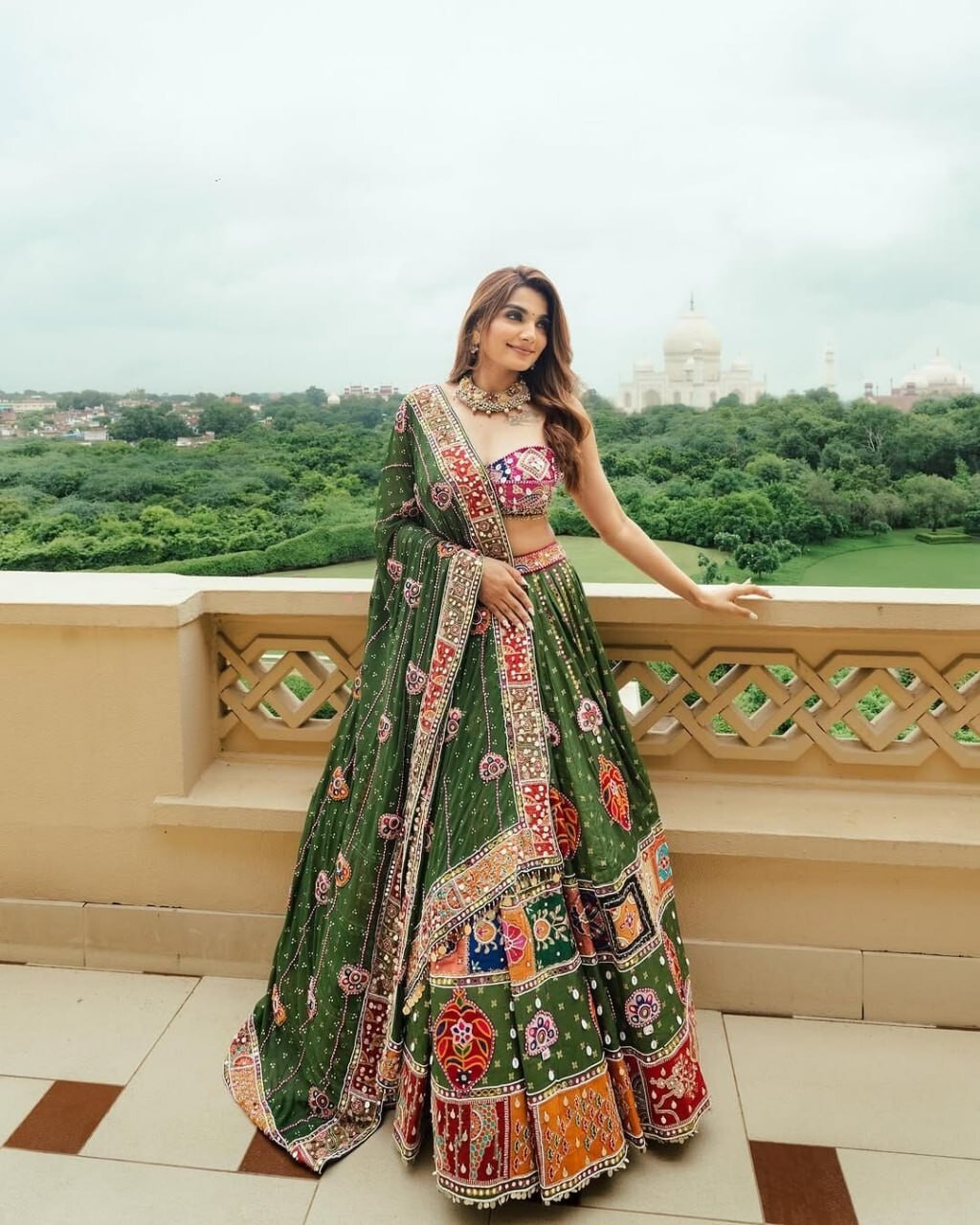 Green color Navratri Lehenga Choli For mirror work Women By Aadat Export
