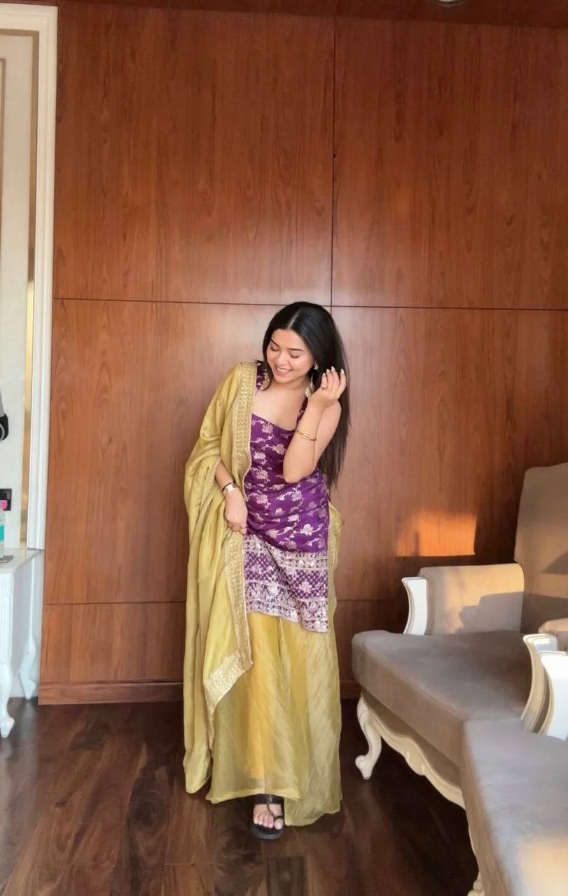 Stunning Jacquard Purple Top Palazzo With Dupatta For Women Festival Wear