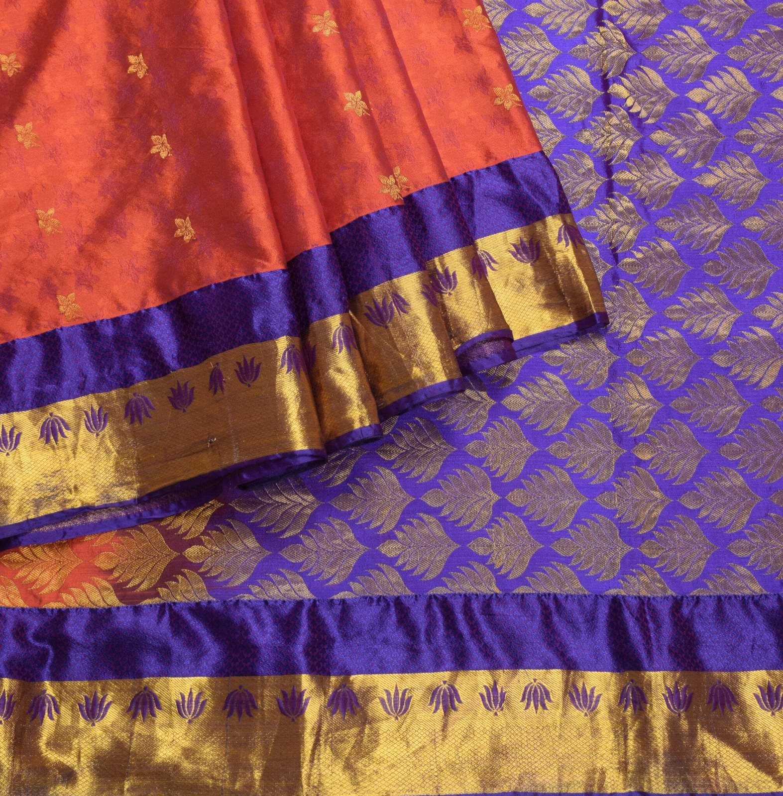 Sushila Vintage Art Kanchipuram Silk Saree Gold Zari Border lotus Orange Sari