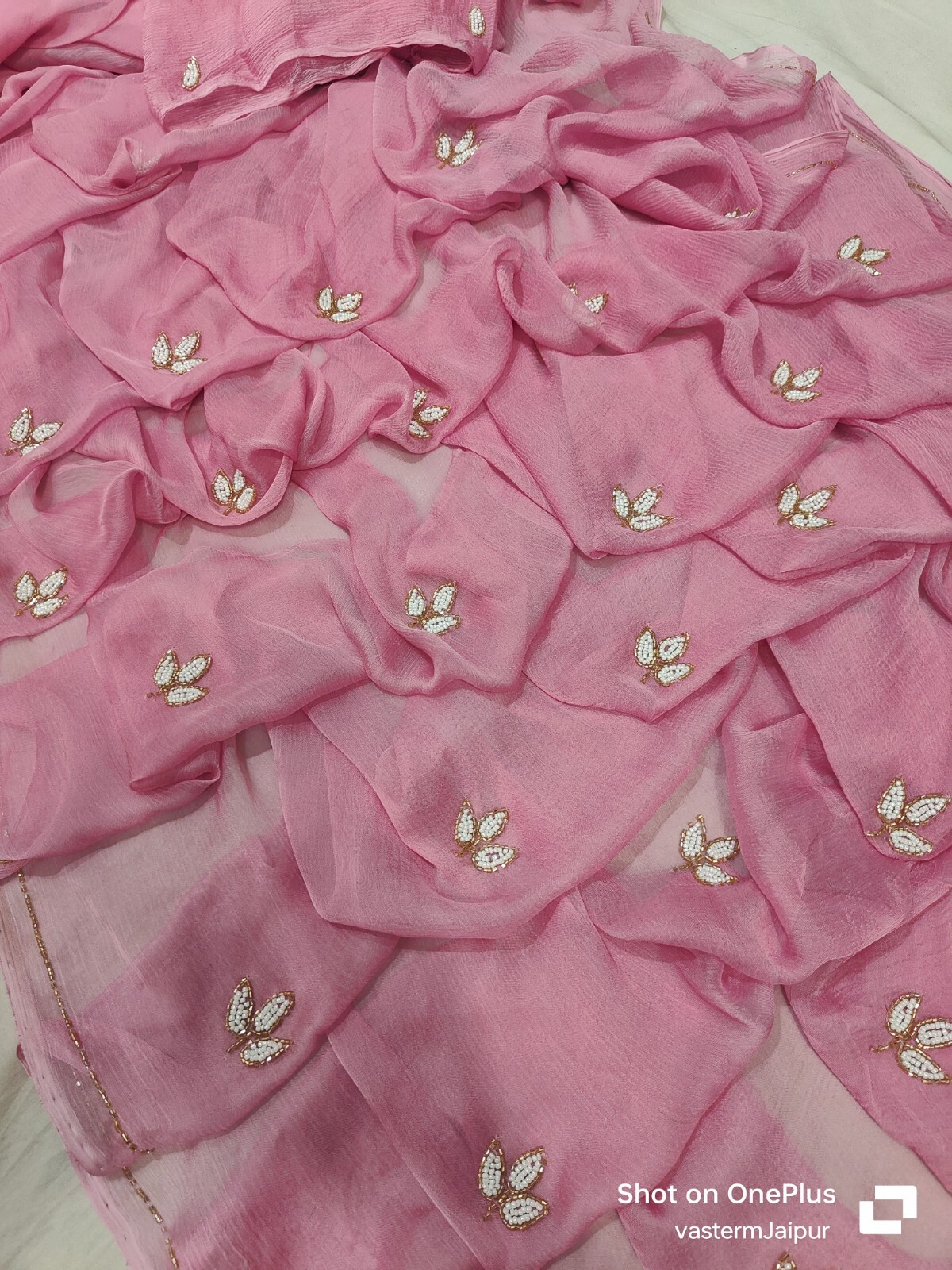 Chiffon Saree Blouse Hand Pearls Work Saree Women Wedding Partywear Fancy Saree