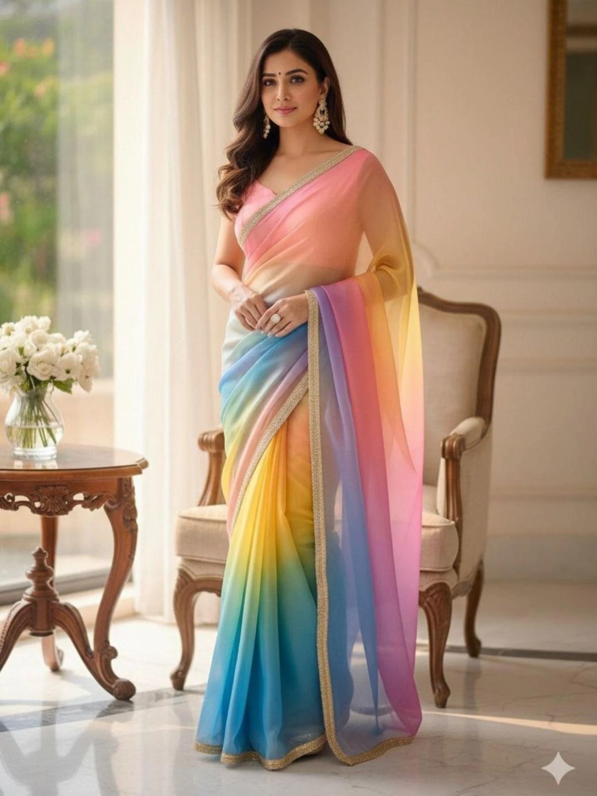 Women Saree Multicolor Organza Fabric Digital Print Rainbow Party Wear Wedding