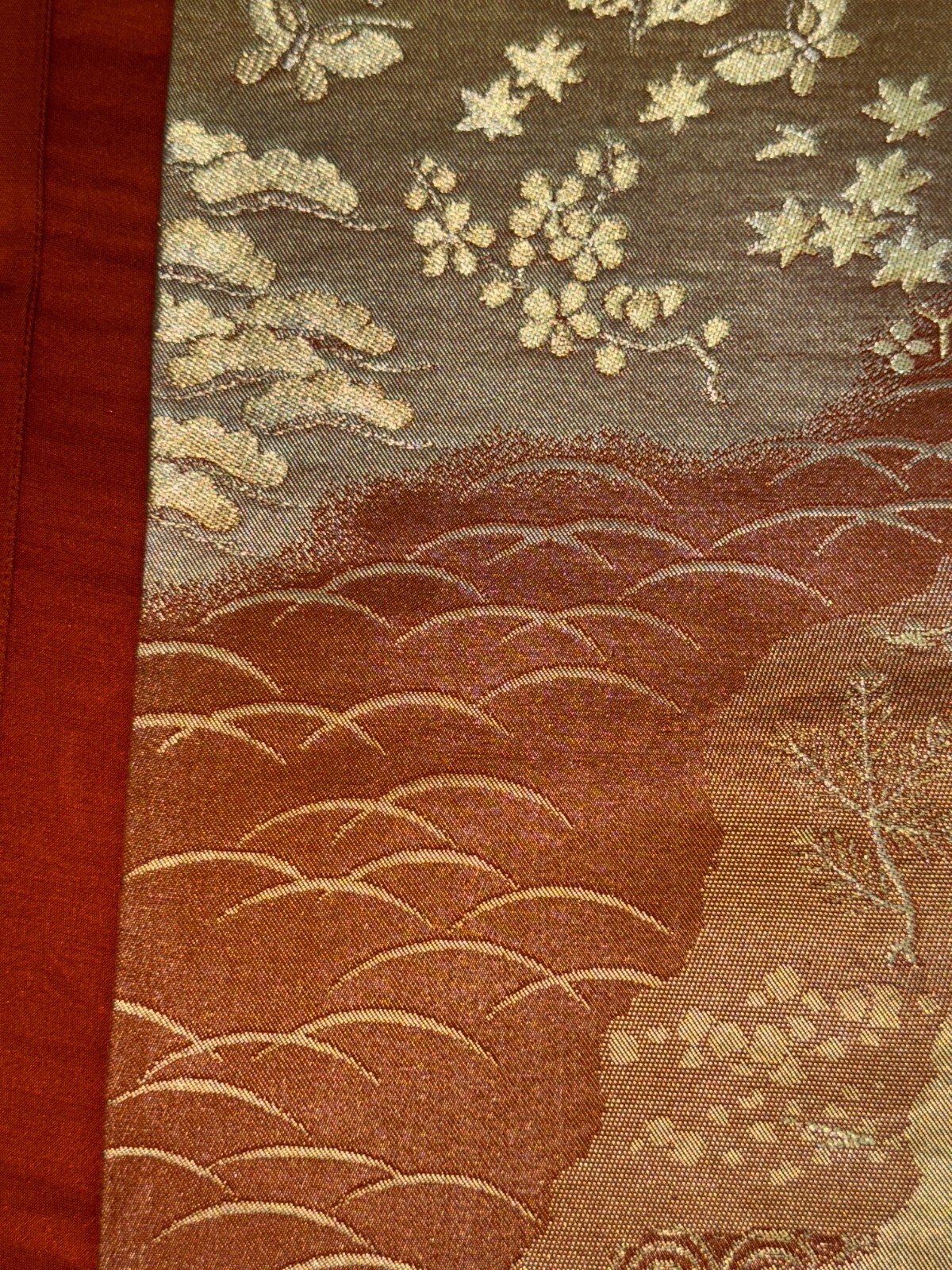 Japanese Vintage Kimono Fukuro Obi silk brown expensive embroidery 167.7×12.2in