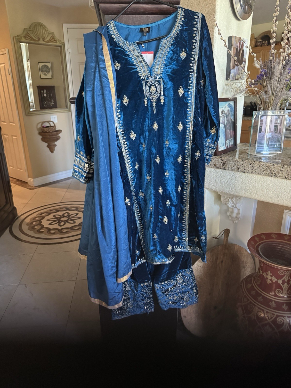 NWT Pakistani Salwar Kameez Blue Sequined Embroidered Velvet Pant Suit Size XL