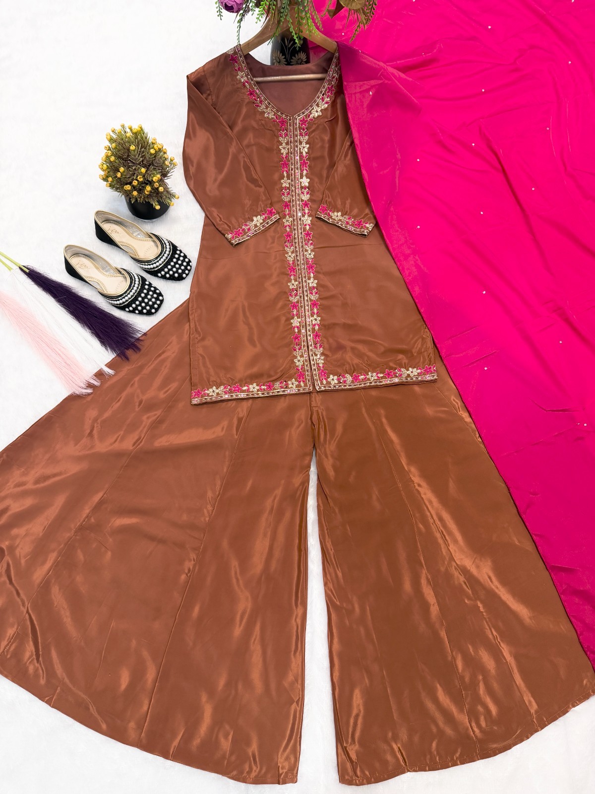 Fancy Designer Heavy Georgette Coffee Palazzo Suit And Dupatta For Function Wear