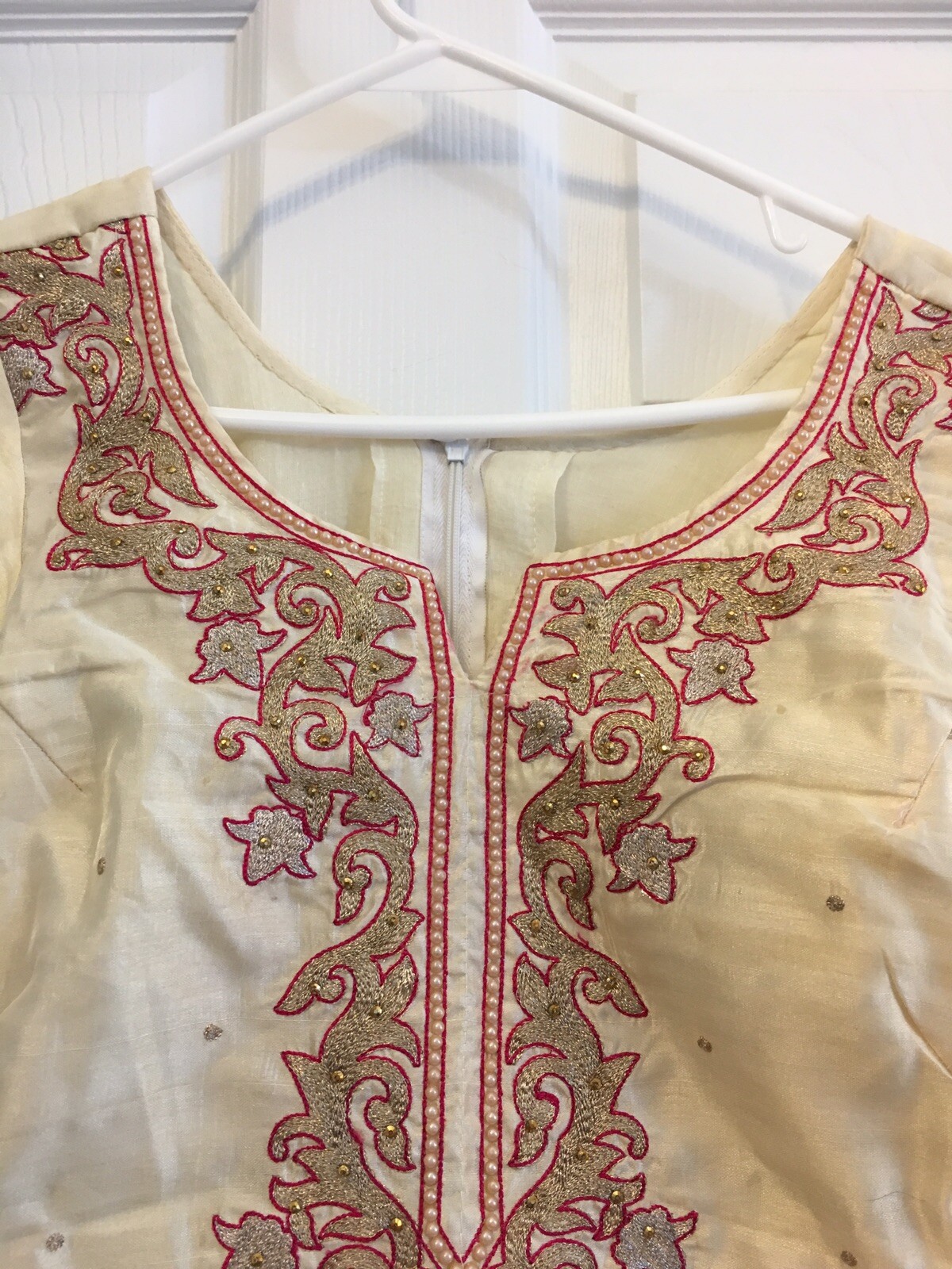 Pakistani Indian Kameez Cream Ivory and Pink Chiffon Wrap Beaded