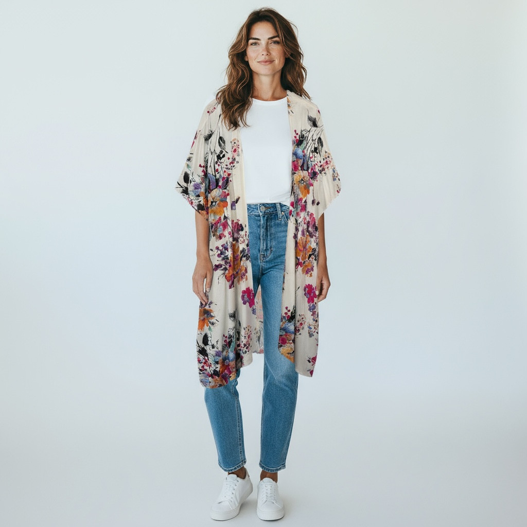 Umgee USA Floral Print Open Front Long Kimono Size L/XL Beach Vacation Boho