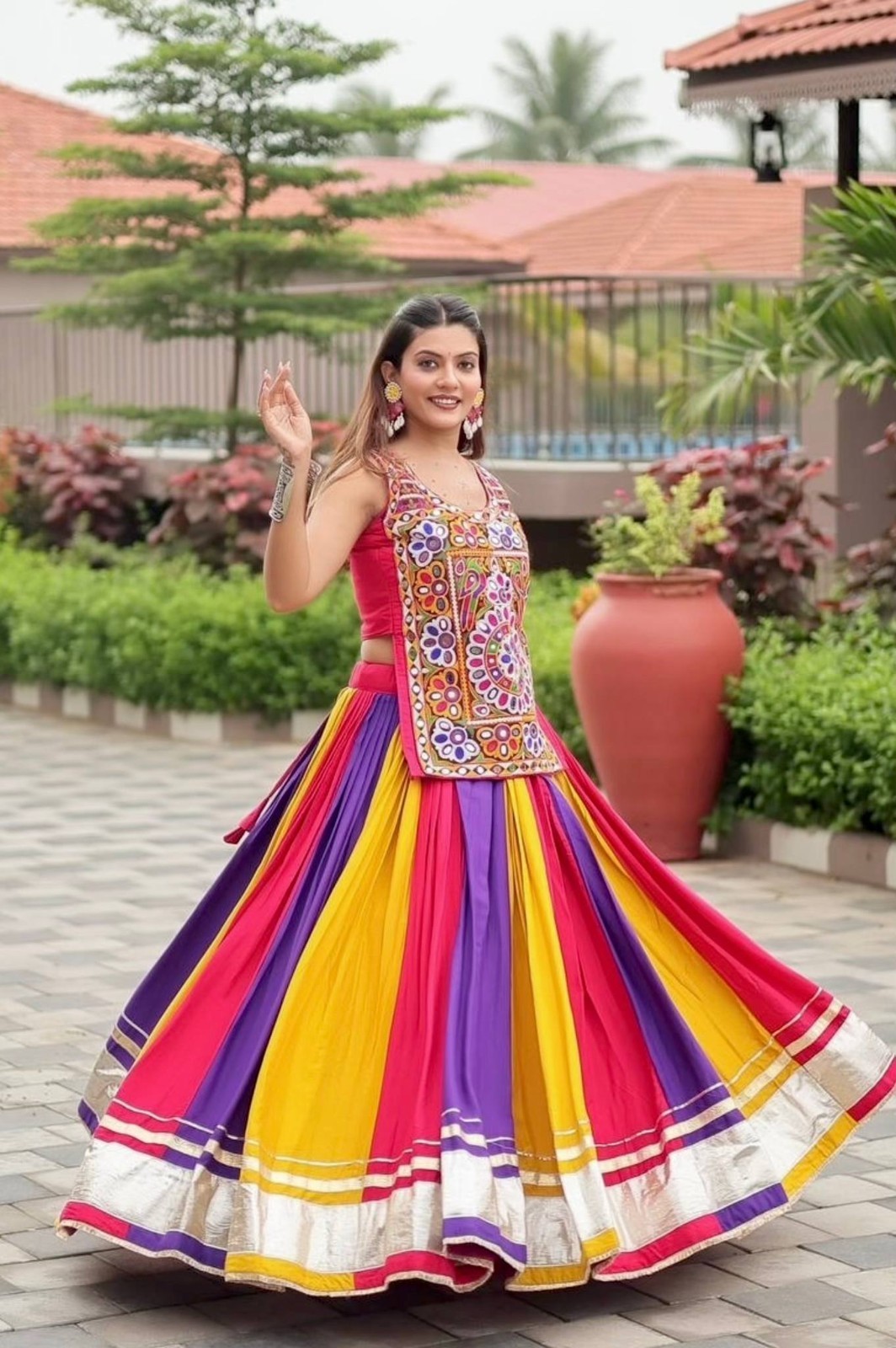 Indian Multicolor Pure Cotton Lehenga Choli Set Women Kutchi Embroidery Navratri