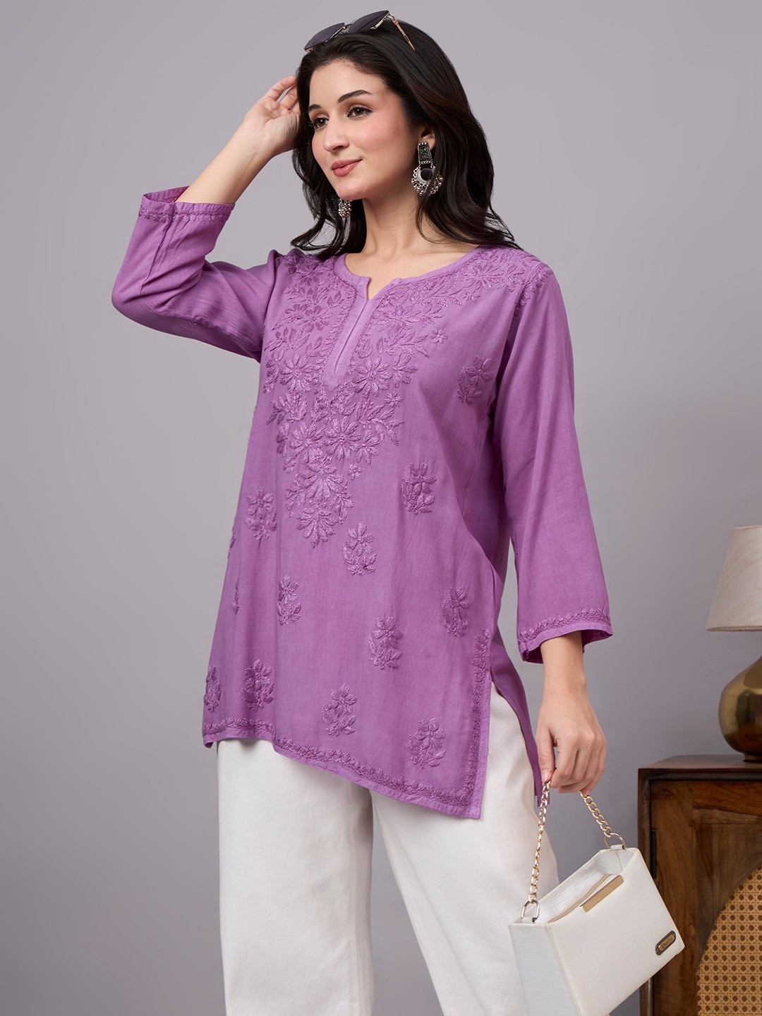 Women’s Rayon Chikankari Short Kurta Lavender, Lucknowi Chikankari, Handwork