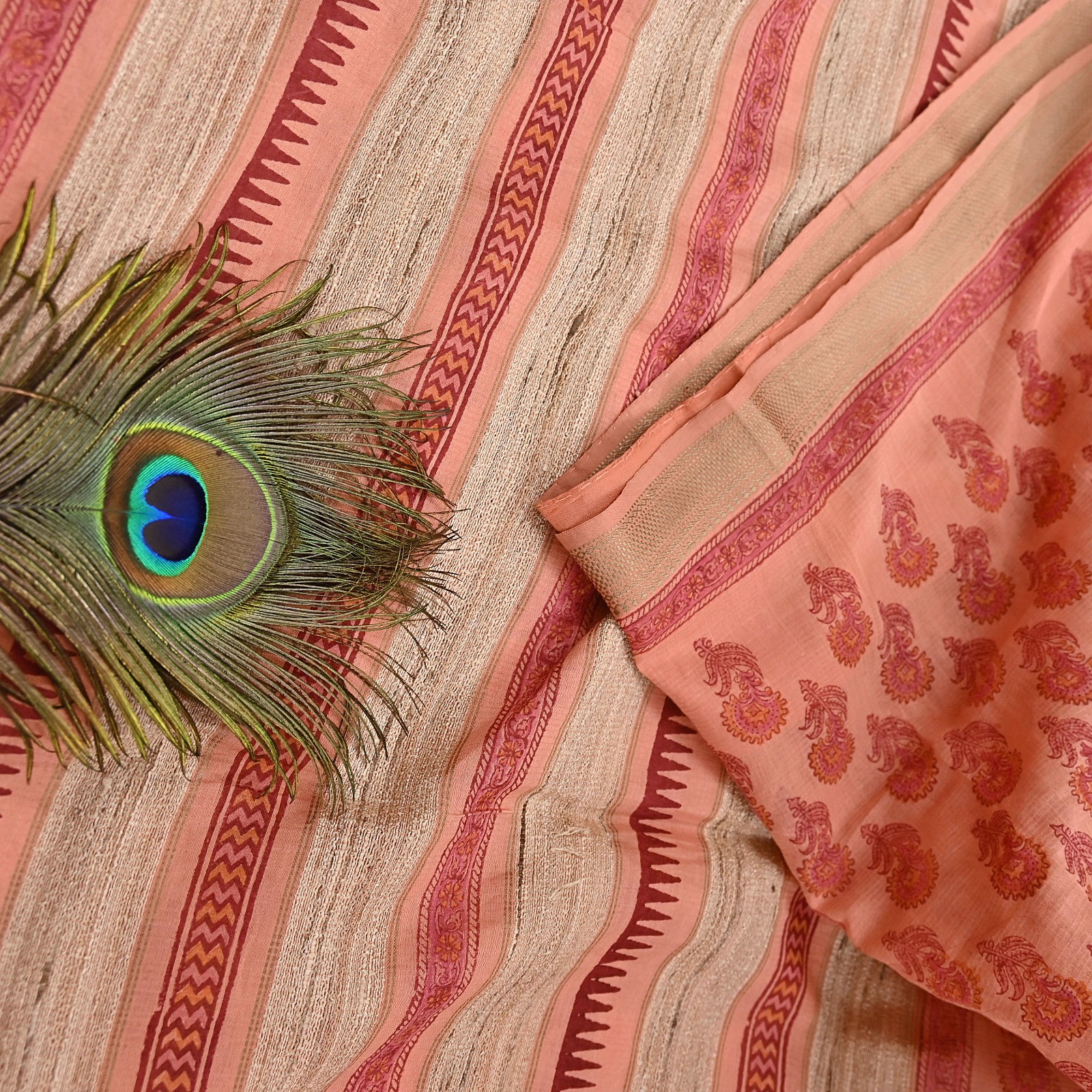 Indian Vintage Peach Block Printed Pure Chanderi Silk Saree Floral woven Border
