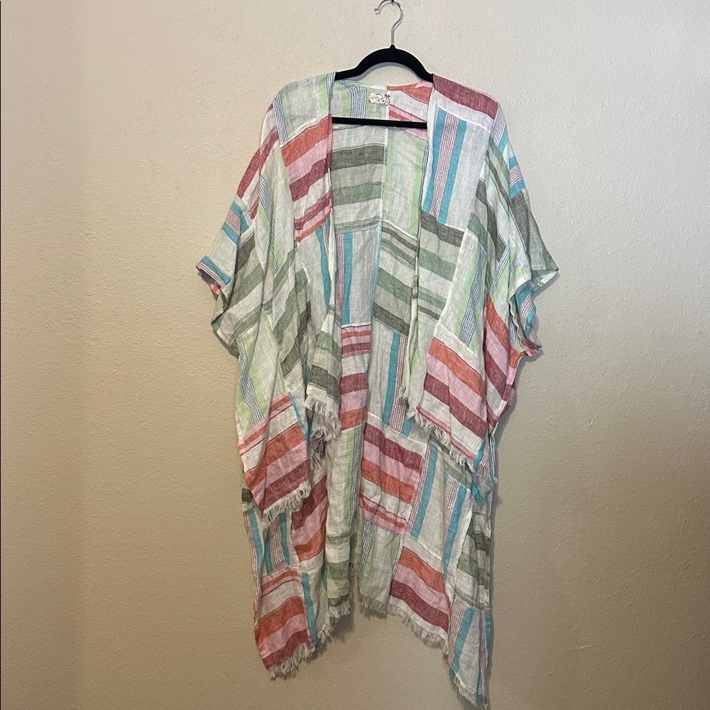 Free People Patchwork Sail Away 100% Linen Kimono One Size