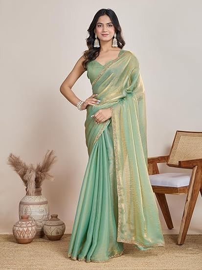 Women’s Two Tone Fendy Chiffon Saree Party Wear Designer Border Work Saree