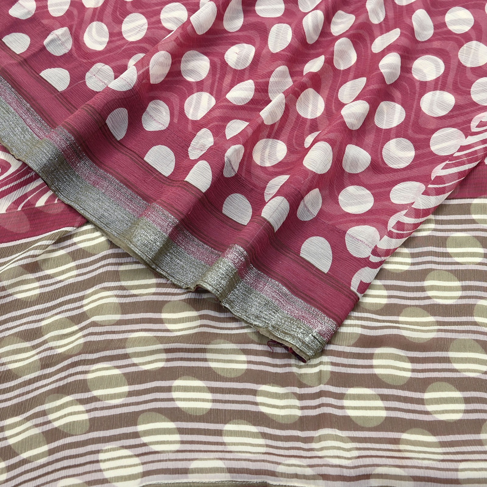 Vintage Pure Chiffon Silk Saree Printed Abstract 5 Yards Fabric DressMaking Zari