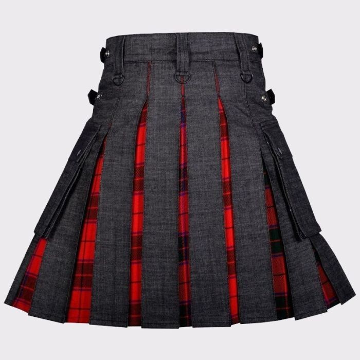 Black Denim Hybrid Scottish Utility Tartan Kilt with Adjustable Strap.