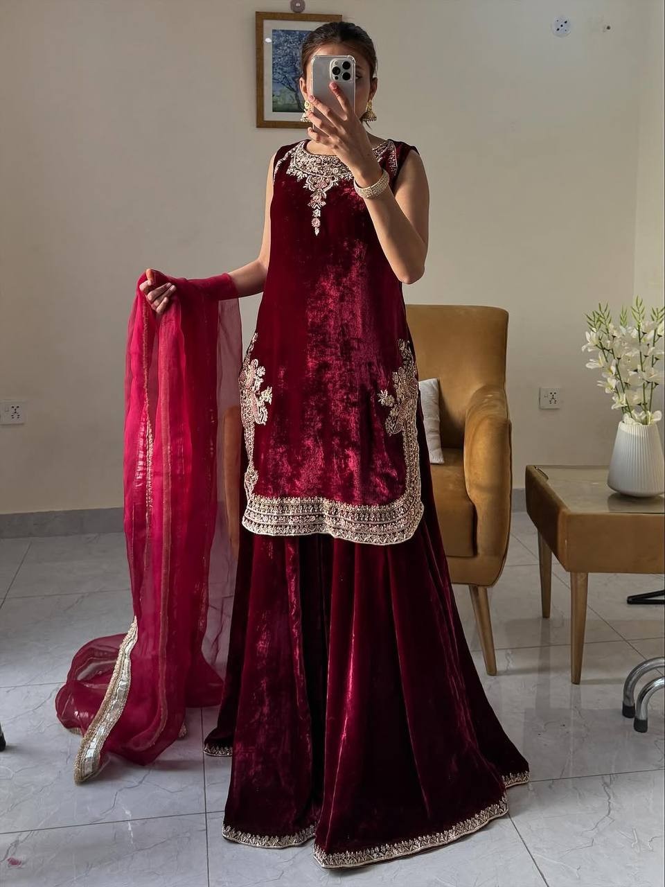 Unique Designer Heavy Viscose Velvet Kurta And Palazzo With Dupatta For Wedding