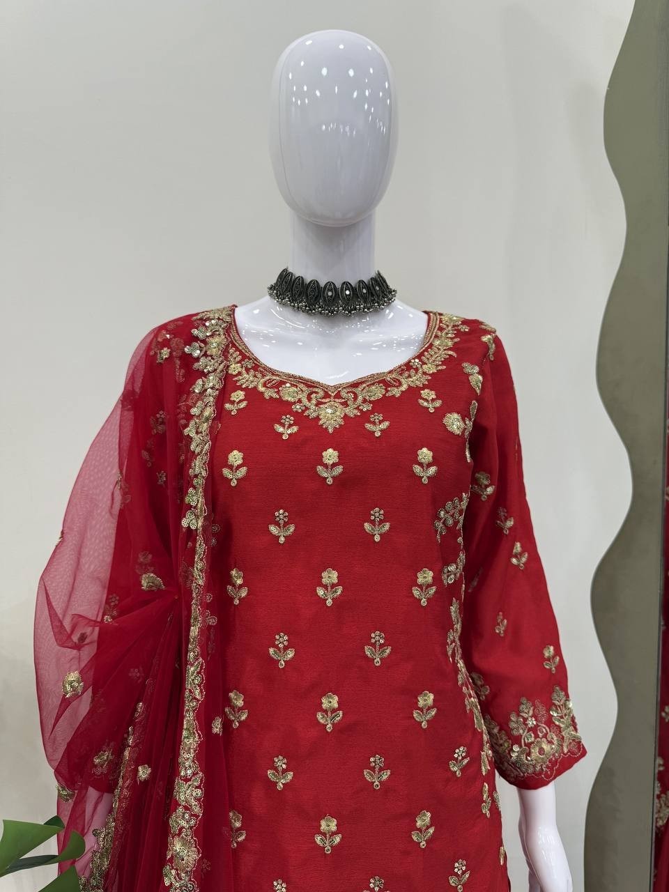 Designer Chinon Silk Red Top Palazzo With Dupatta For Wedding & Party Wear