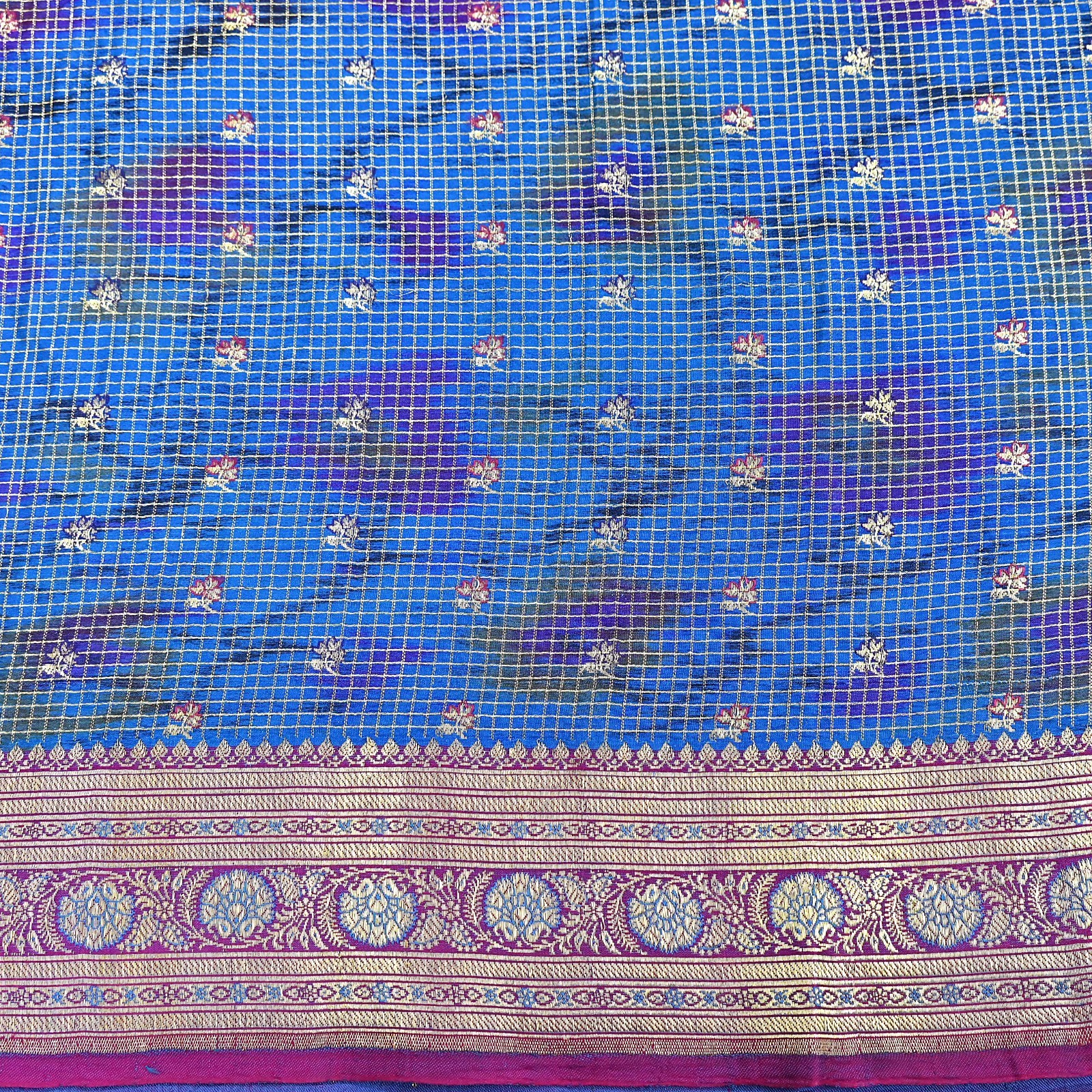 Indian Vintage Blue Heavy Sari Pure Satin Silk Woven Banarasi Tanchoi Saree 5yd